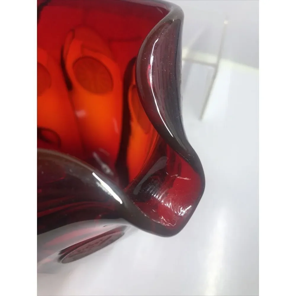 Fostoria Ruby Red Coin Dot Ice Lip Glass Pitcher Vintage Red 6” High 6” Width